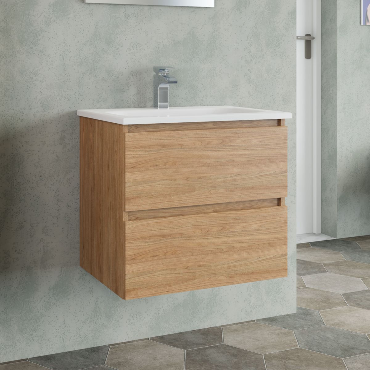 Progetto Idea Stella Waschtisch-Unterschrank Miral 60cm, 2 Schubladen, Soft-Close inkl. Marmor-WT, verschiedene Holzdekore