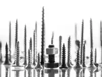 Mehrere Schrauben stehen aufrecht in einer Reihe.