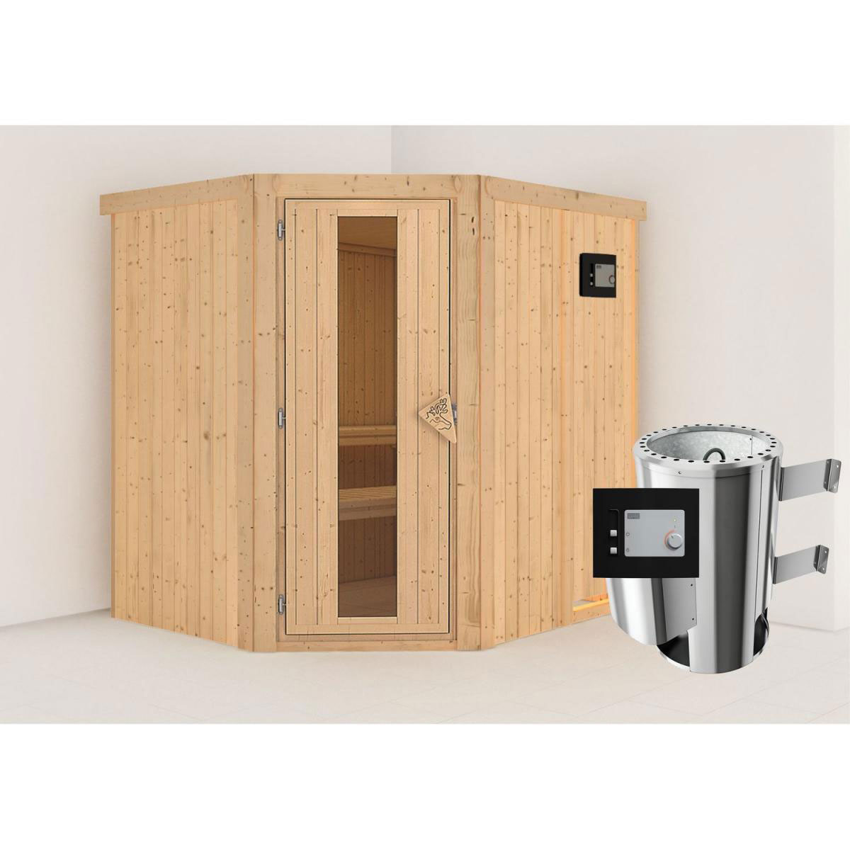 Karibu Sauna Lilja Eckeinstieg 3,6 kW Ofen externe Strg kein Kranz Klarglas-Tür Bild 6