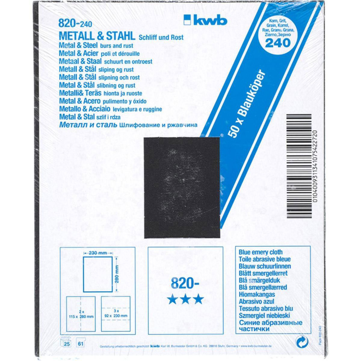 kwb  Schleifgewebe Metall und Stahl Blauköper 230 x 280 mm K240 Bild 2