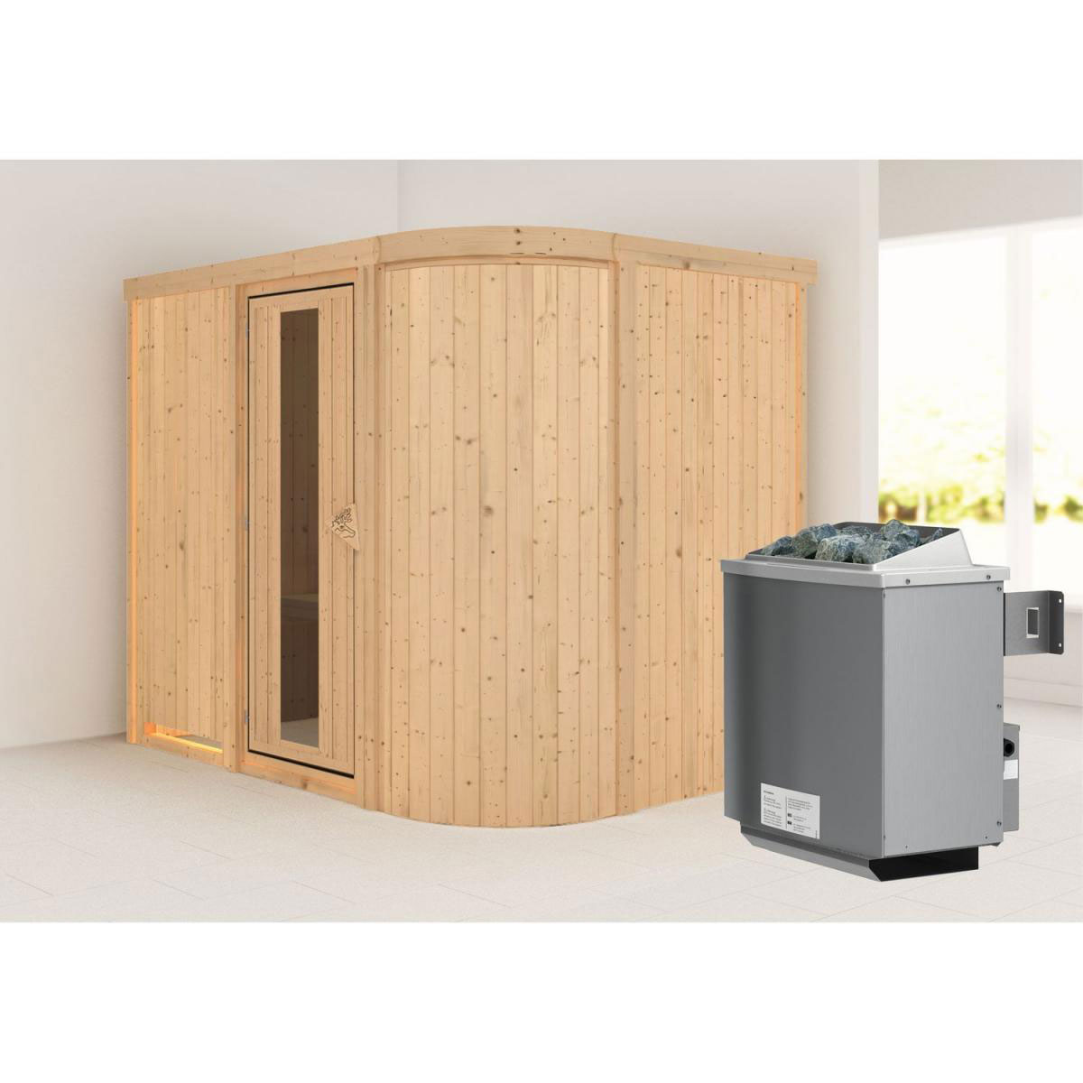Karibu Sauna Titania 4 Fronteinstieg 9 kW Ofen integr Strg kein Kranz Energiespartür Bild 5
