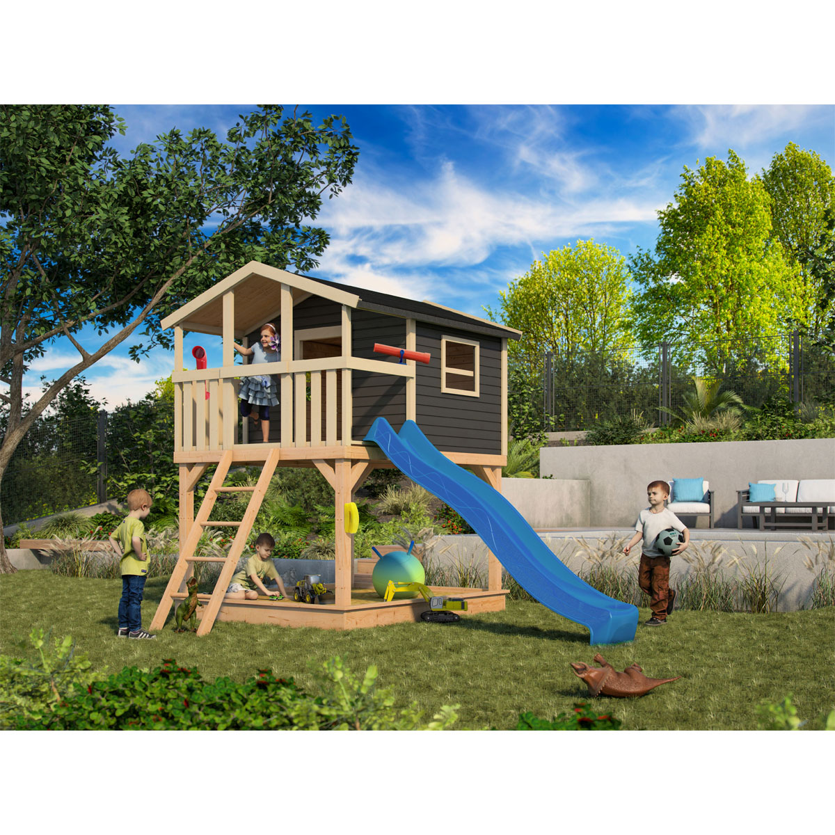 Karibu  Stelzenhaus Benjamin terragrau inkl Rutsche blau Bild 5
