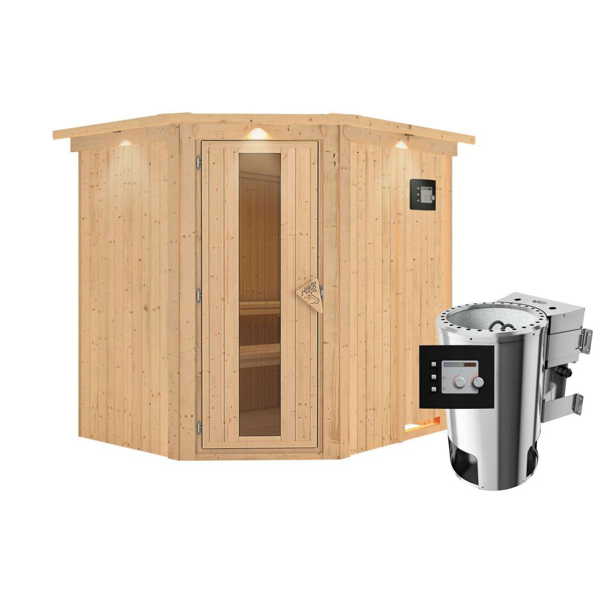 Karibu Sauna Lilja Eckeinstieg 3,6 kW Bio Ofen externe Strg modern mit Kranz Energiespartür Bild 1