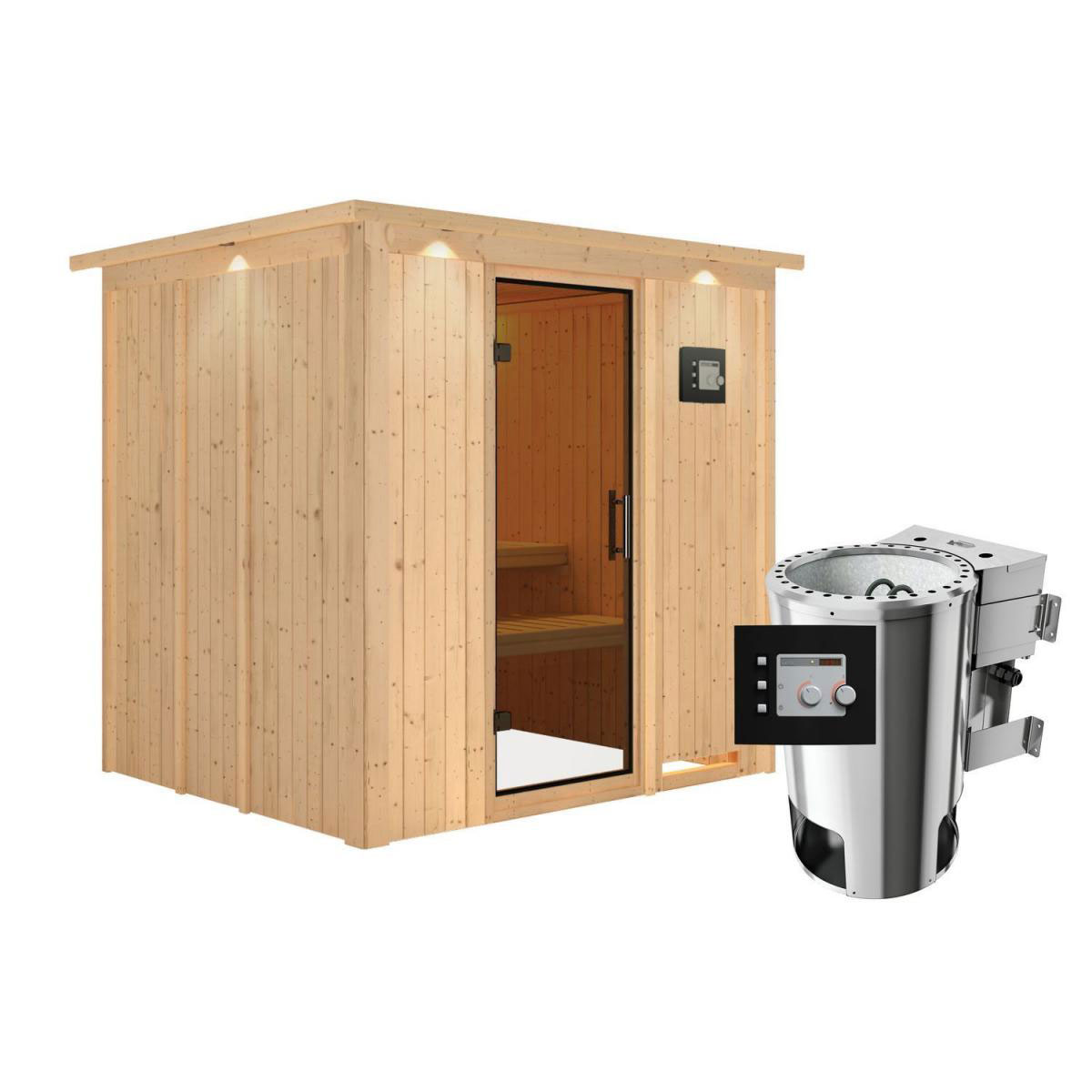 Karibu Sauna Daria Fronteinstieg 3,6 kW Bio Ofen externe Strg modern mit Kranz graphitfarbene Glastür