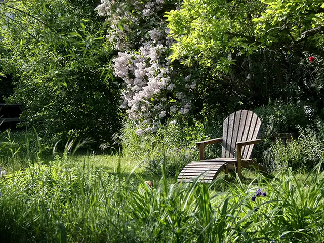 Ein Holzstuhl steht ruhig in einem blühenden Garten, von üppigem Grün umgeben.