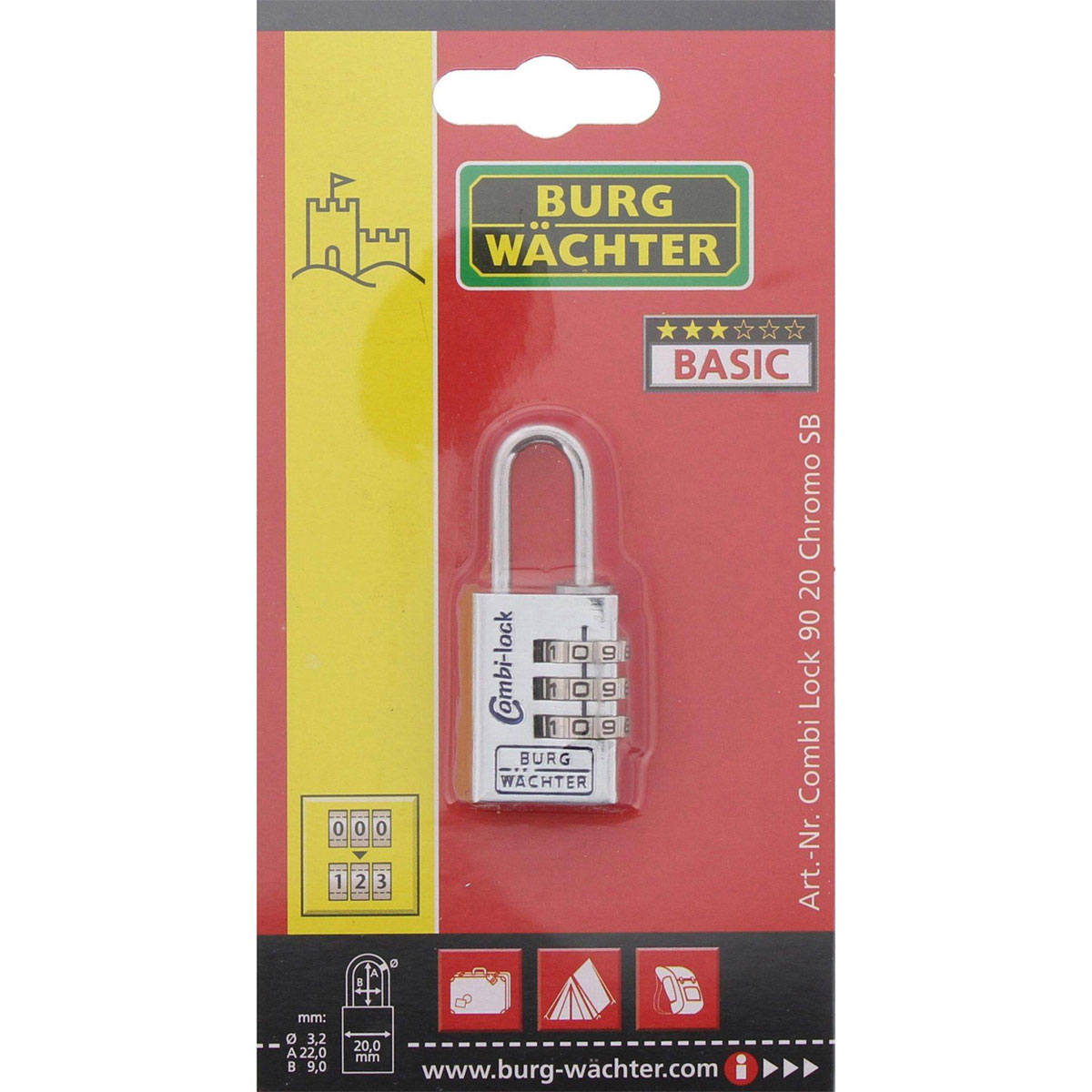 Burg Wächter Zahlen-Vorhängeschloss Combi 90 20 Chromo 54 22,9 x 54 x 13,3 mm