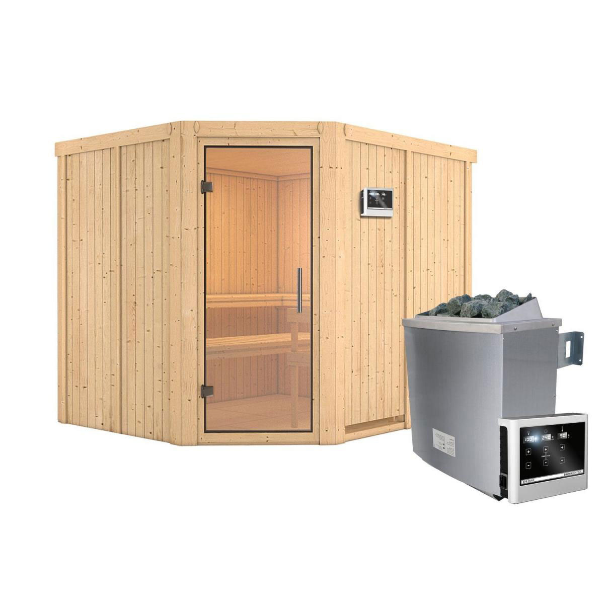 Karibu Sauna Malin Eckeinstieg 9 kW Ofen externe Strg kein Kranz Klarglas-Tür Bild 1