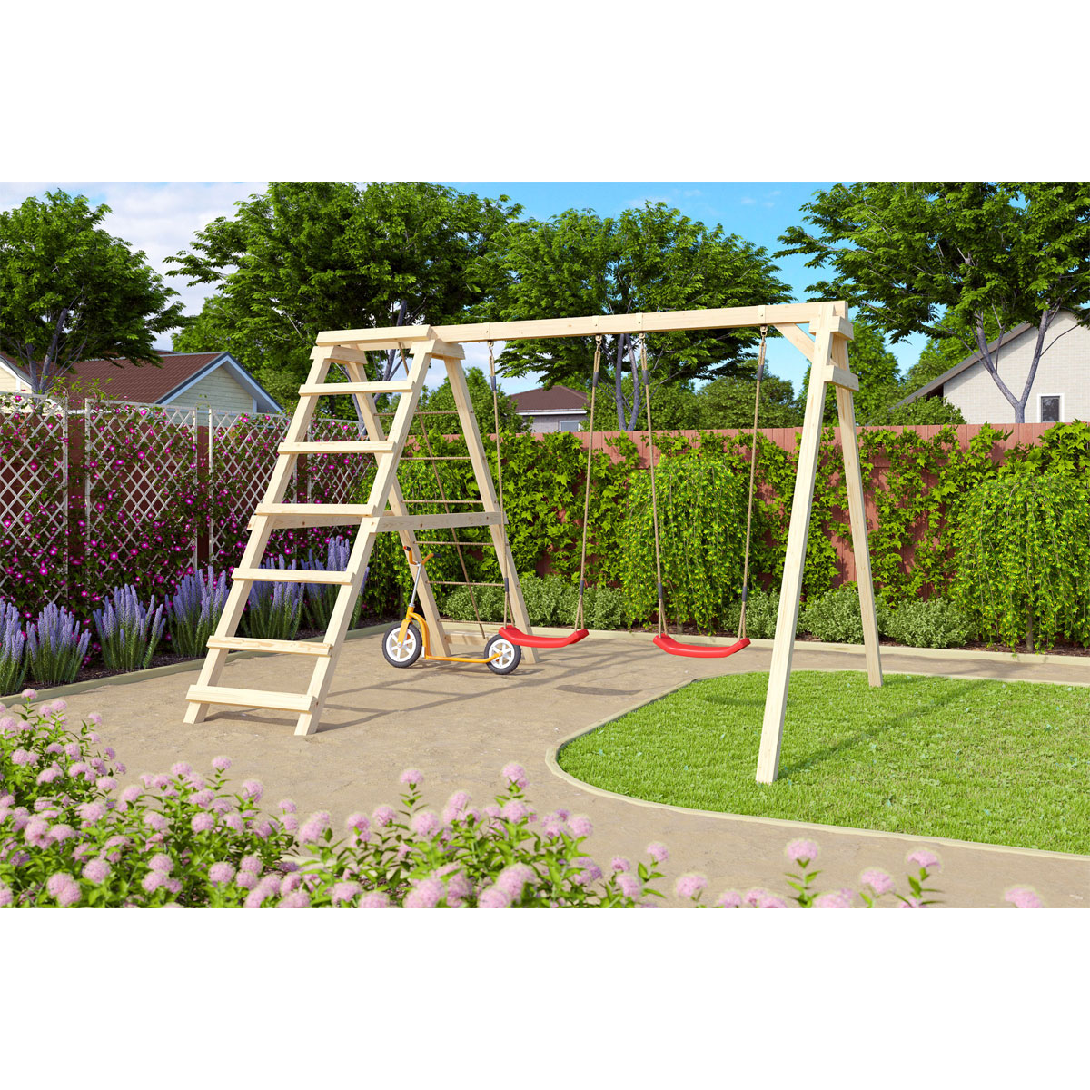 Karibu Doppelschaukel Felix mit Klettergerüst und Netzrampe naturbelassen Bild 1