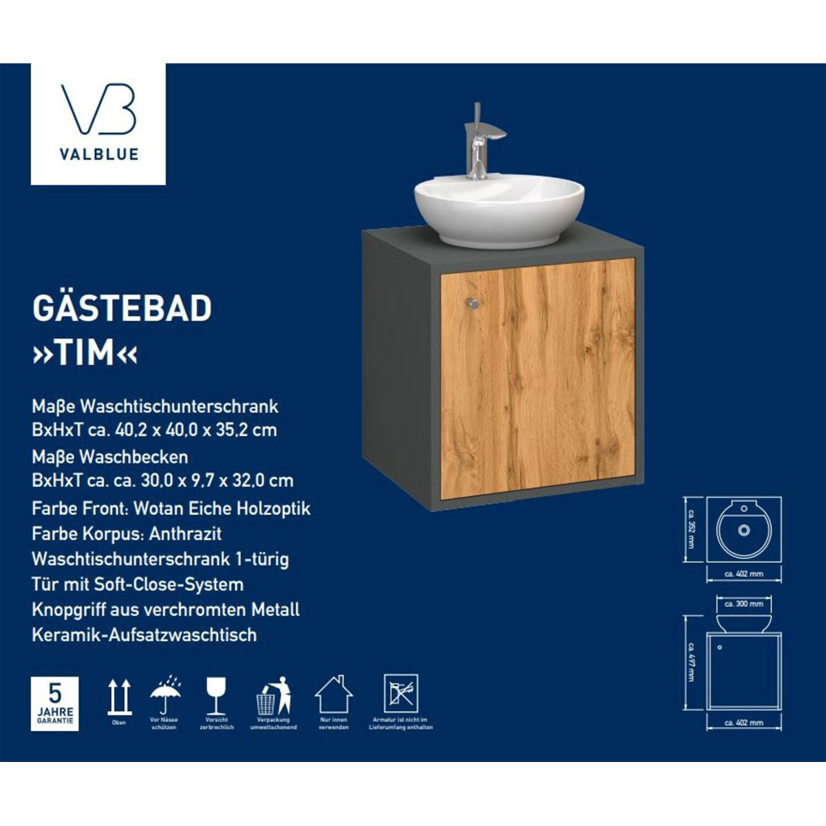 Gaeste-Waschbeckenunterschrank Tim, Farbe: anthrazit/Wotan, Eiche, 1 Tür, inkl. Keramik-AWT, B40cm Bild 2