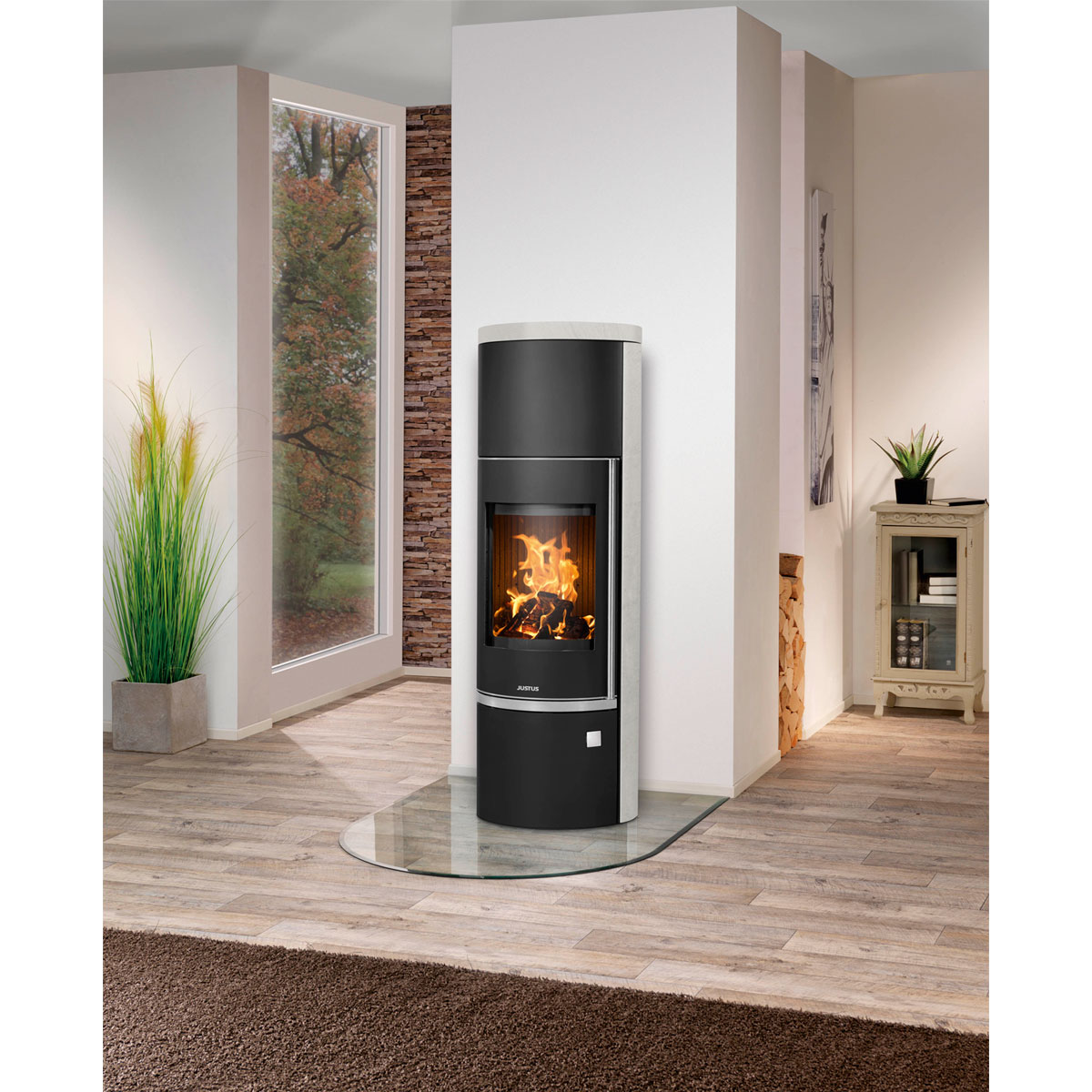 Kaminofen Faro W+ 2.0 Kalkstein BiancoKorpus Stahl Schwarz Bild 2