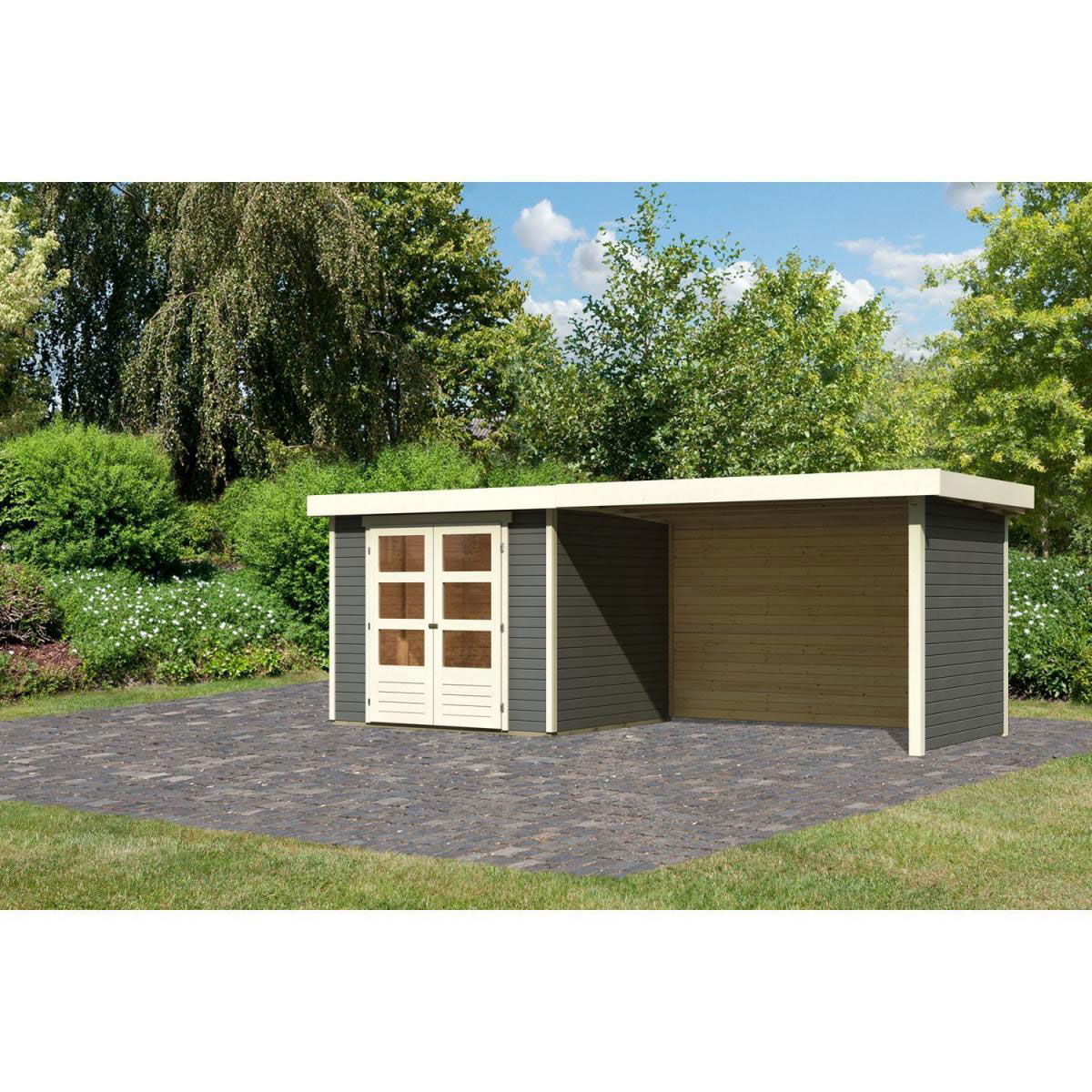Karibu Gartenhaus-Set Askola 3 mit Anbaudach 2,80 m mit Seiten- und Rückwand terragrau Bild 1