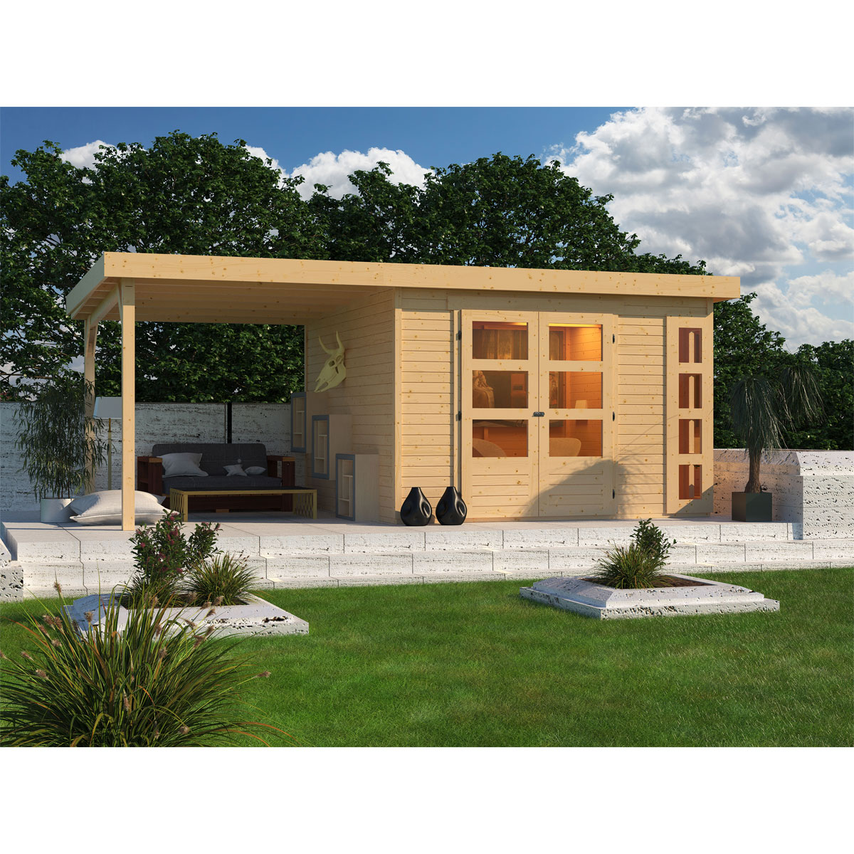 Karibu BBH Kerko 6 Set mit Anbaudach naturbelassen