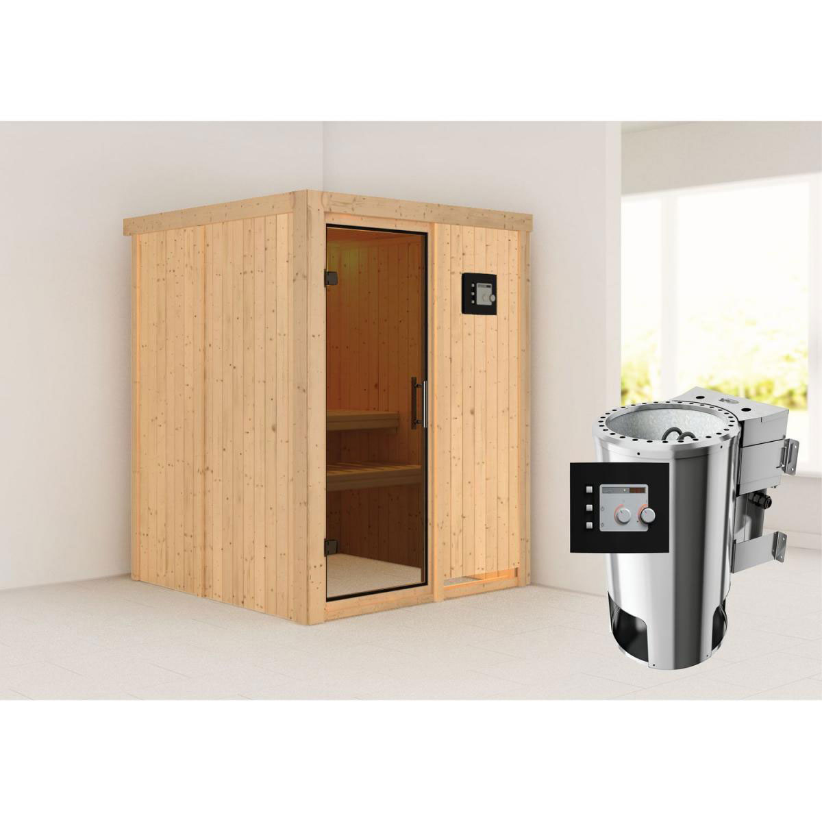 Karibu Sauna Minja Fronteinstieg 3,6 kW Bio Ofen externe Strg modern kein Kranz Energiespartür Bild 6