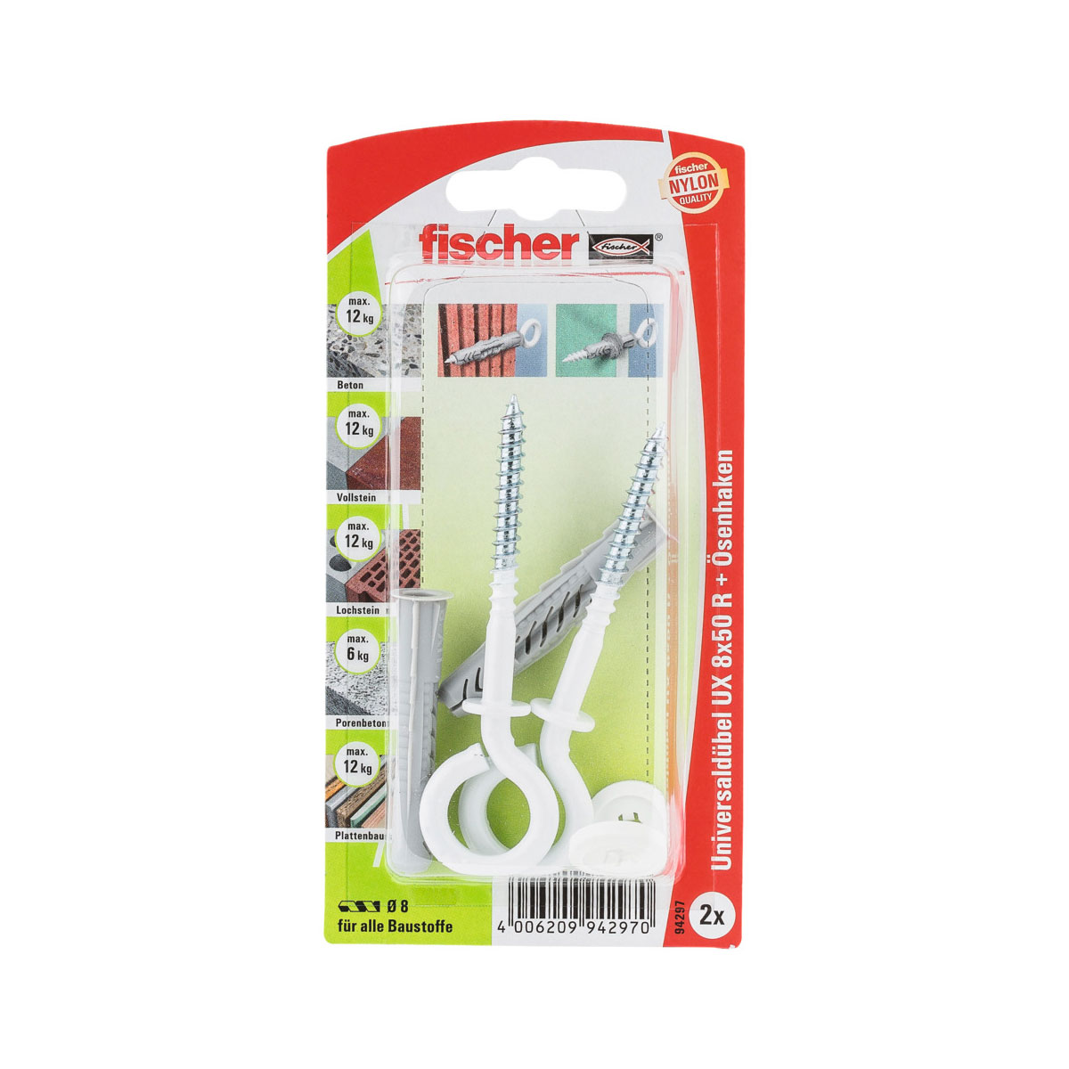Fischer Universaldübel UX 8 x 50 mm mit Ösenhaken nylonbeschichtet 2 Stück