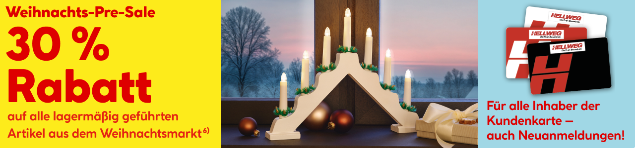 Weihnachst-Pre-Sale: 30 Prozent Rabatt auf alle lagermäßig geführten Artikel aus dem Weihnachtsmarkt. Für alle Inhaber der Kundenkarte - auch Neuanmeldungen!