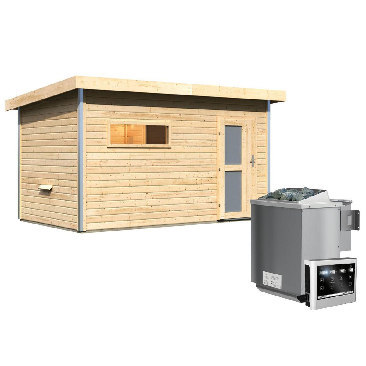 Karibu Saunahaus Skrollan 3 38 mm 9 kW Bio Ofen externe Strg Milchglastür