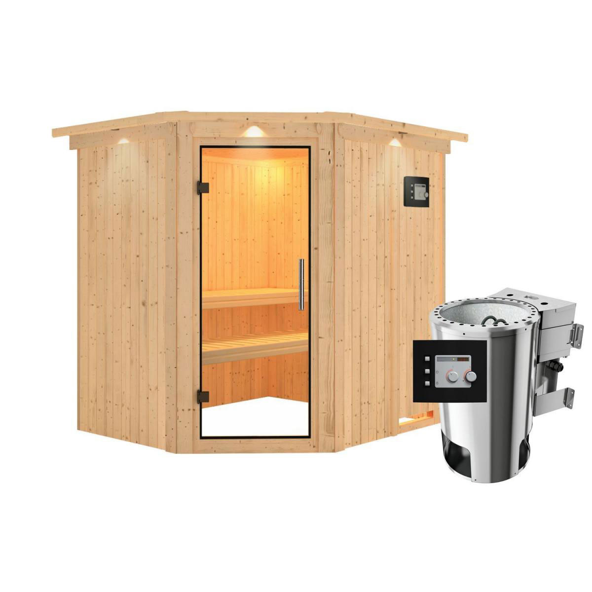 Karibu Sauna Lilja Eckeinstieg 3,6 kW Bio Ofen externe Strg modern mit Kranz Klarglas-Tür Bild 1