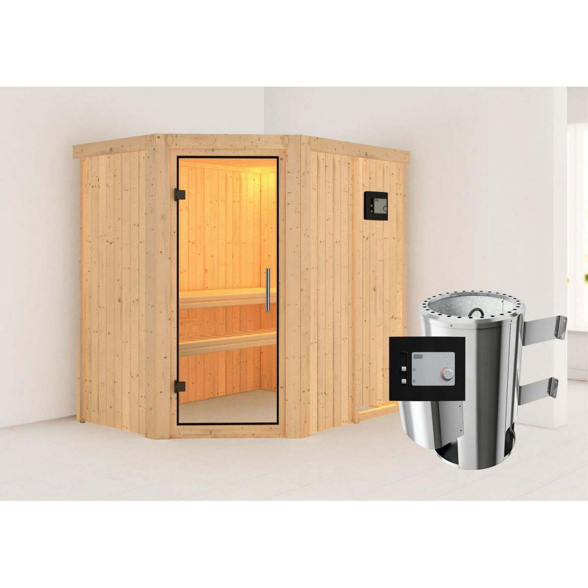Karibu Sauna Saja Eckeinstieg 3,6 kW Ofen externe Strg kein Kranz Klarglas-Tür Bild 6