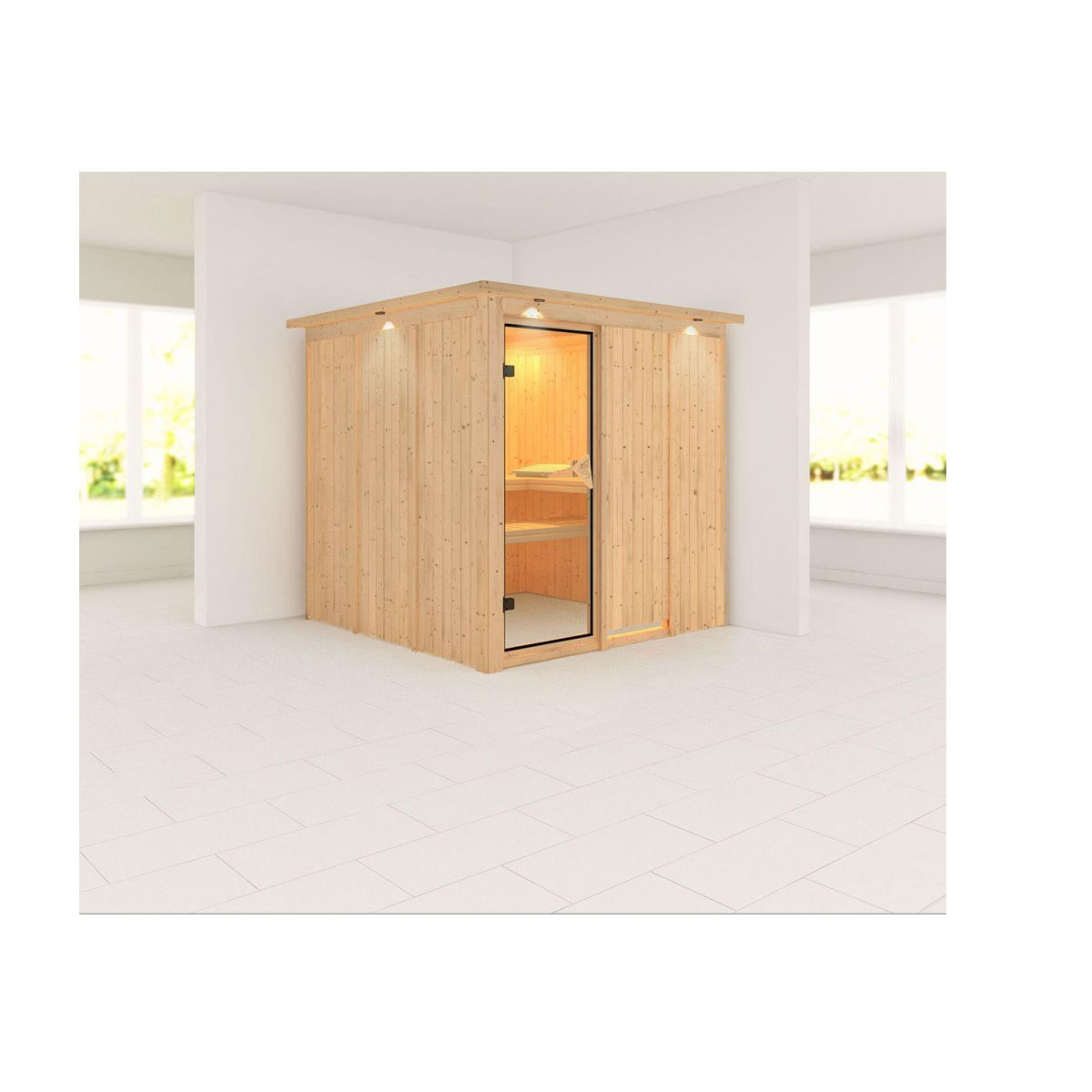 Karibu Systemsauna Rodin 68 mm ohne Ofen mit Dachkranz