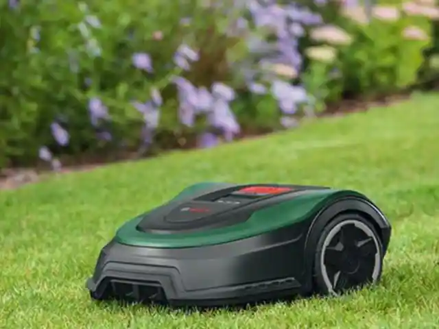 Ein Bosch Rasenmähroboter fährt über eine grüne Wiese, umgeben von blühenden Pflanzen.