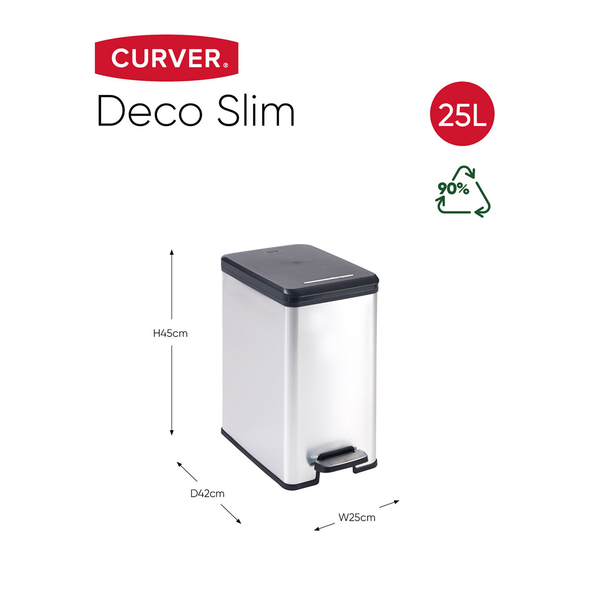 Curver  Mülleimer DECO Bin SLIM 25L mit Pedal schwarz silber metallic Bild 4