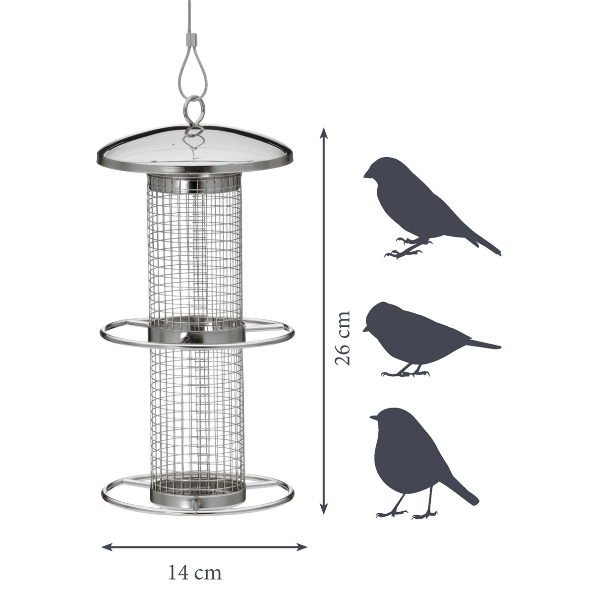 Futterspender mit Gitterröhre mit Anflugringen 14 x 14 x 26 cm Metall Silber Bild 2