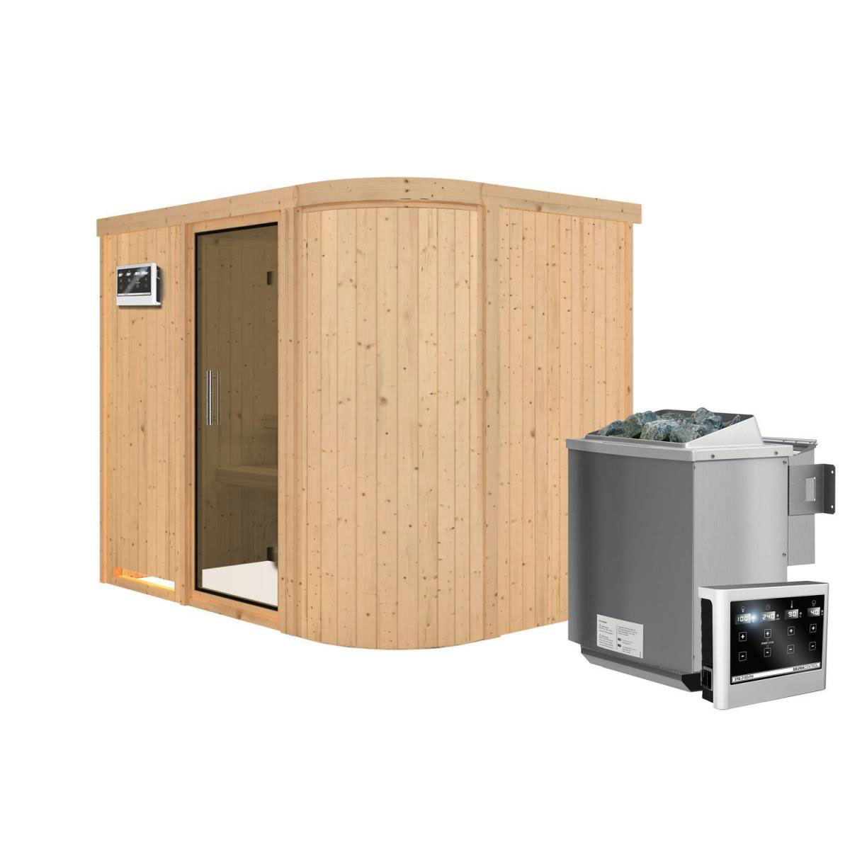 Karibu Sauna Titania 4 Fronteinstieg 9 kW Bio Ofen kein Kranz Klarglas-Tür Bild 1