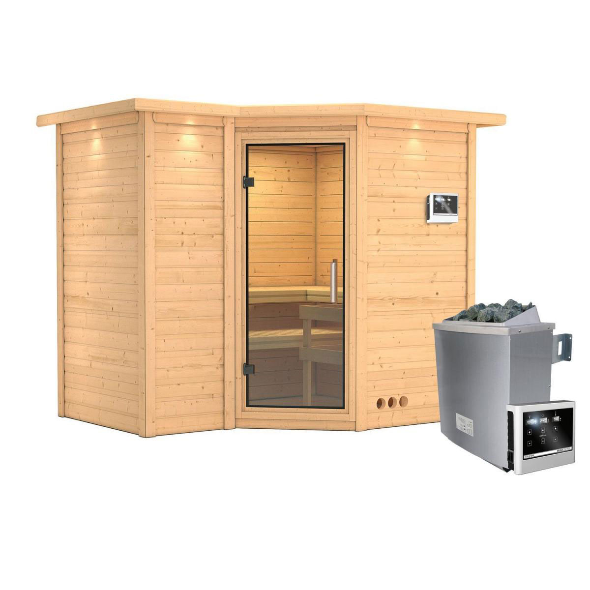 Karibu Sauna Sahib 2 Eckeinstieg 9 kW Ofen externe Strg mit Kranz Klarglas-Tür Bild 1