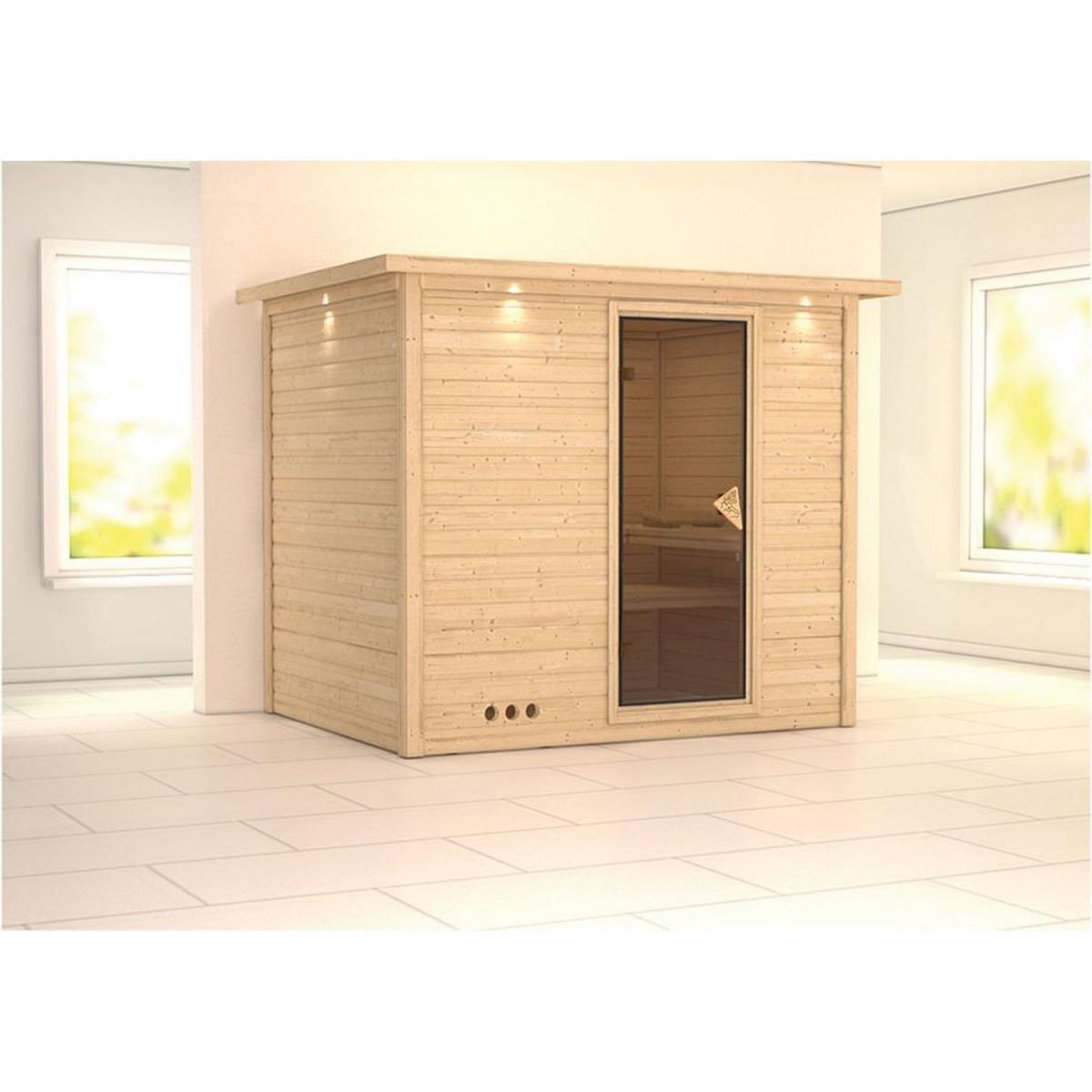 Karibu Massivholzsauna Sonara 3 40 mm ohne Ofen mit Kranz