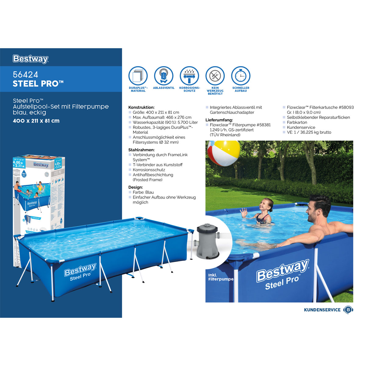 Bestway Steel Pro Frame Pool-Set mit Filterpumpe 400 x 211 x 81 cm blau eckig Bild 7