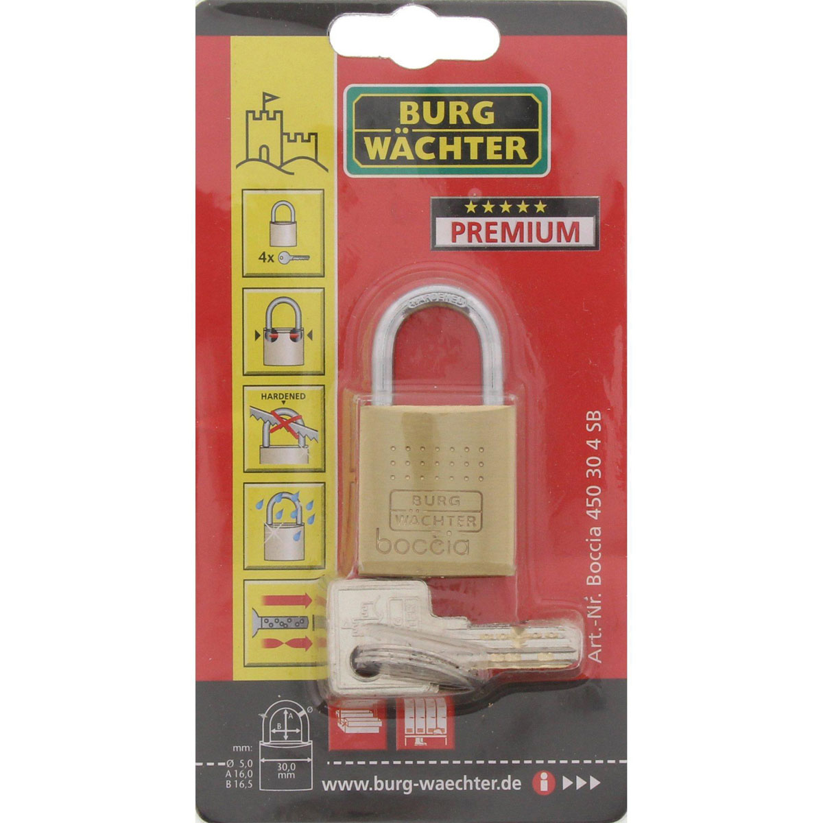 Burg Wächter Zylinder-Vorhängeschloss Boccia 450 55,7 30 x 55,7 x 14,2 mm Messing
