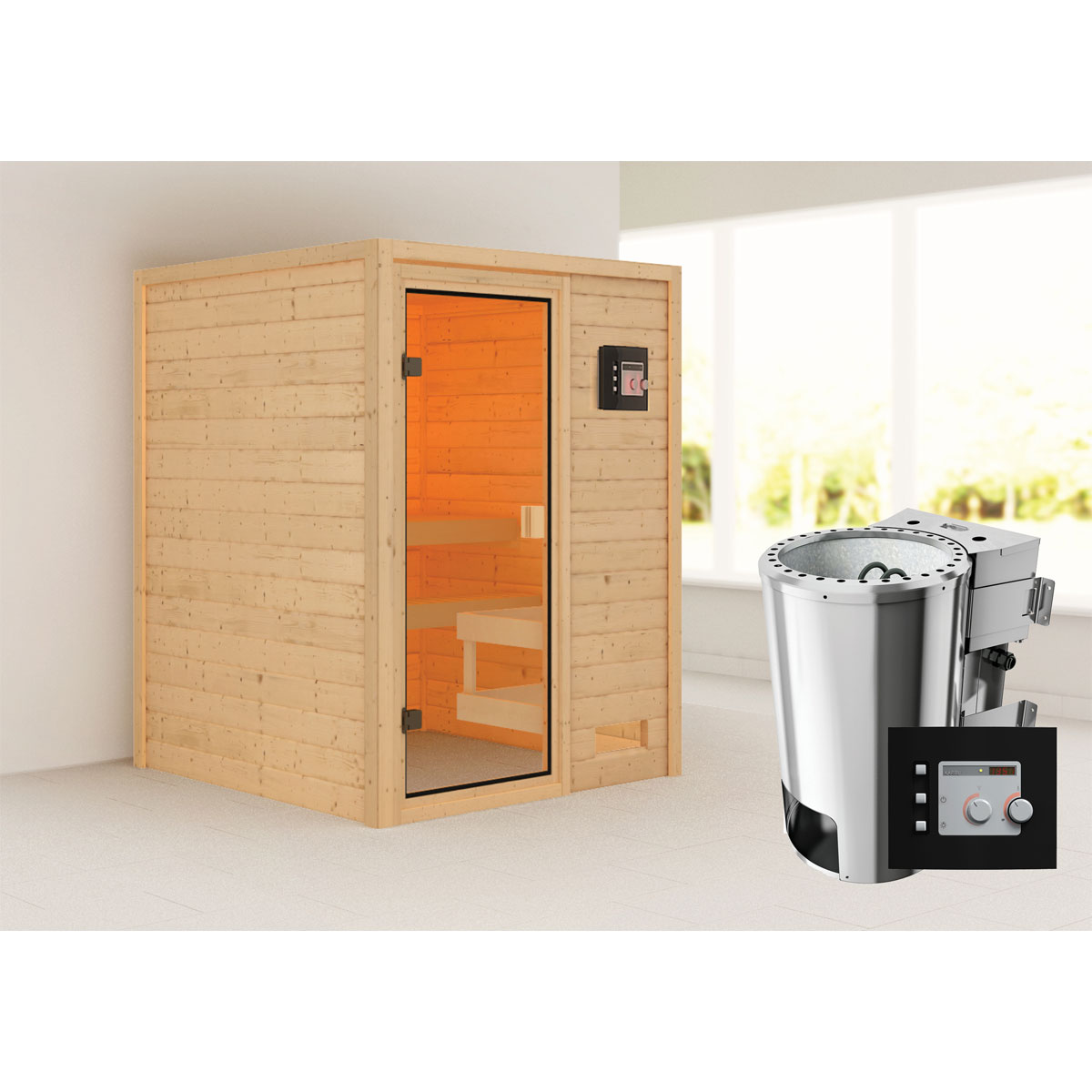 Karibu Sauna Sandra 3,6 kW naturbelassen Bio externe Steuerung ohne Kranz Bild 1