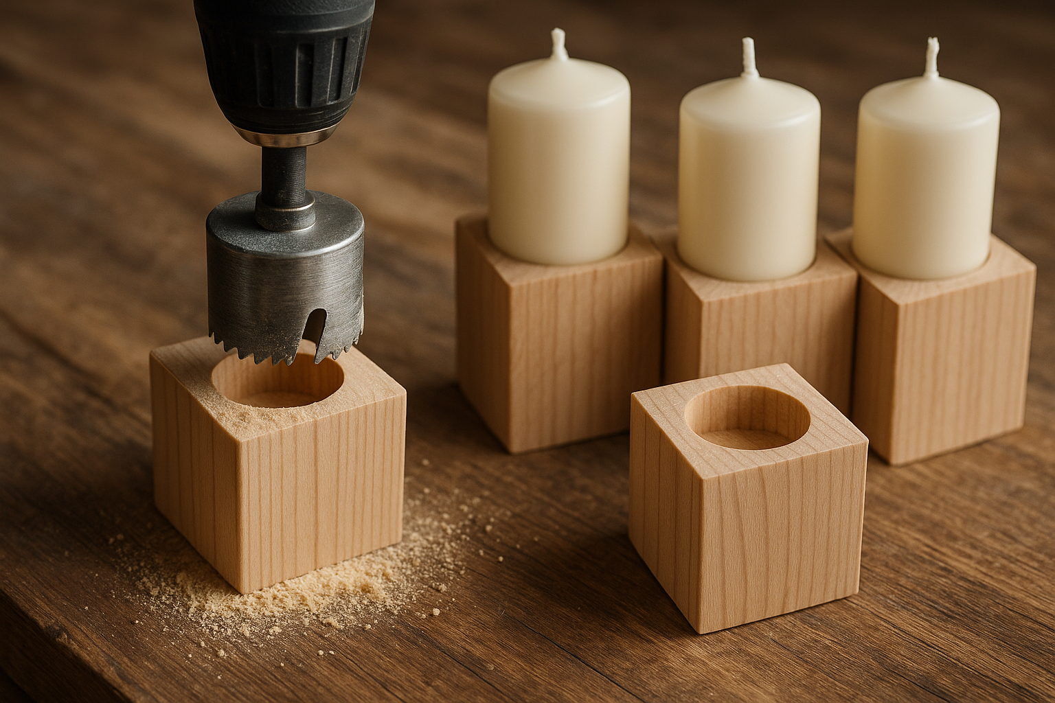 Kerzenständer aus Holzblock Sägen mit Kerzen