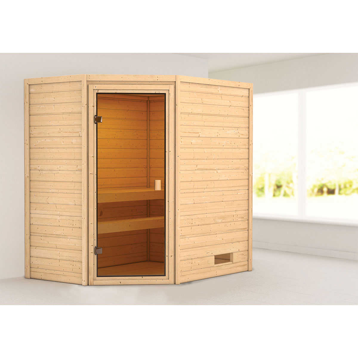 Karibu Sauna Jella 3,6 kW naturbelassen ohne Ofen ohne Dachkranz