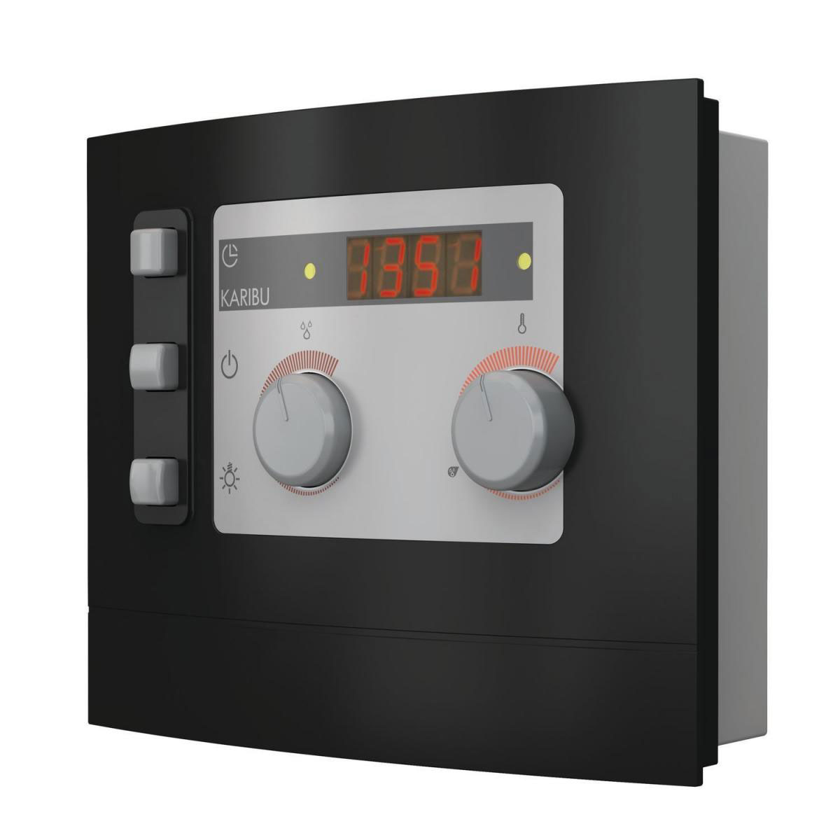 Karibu Sauna Leona Eckeinstieg 9 kW Bio Ofen externe Strg modern kein Kranz Klarglas-Tür Bild 4