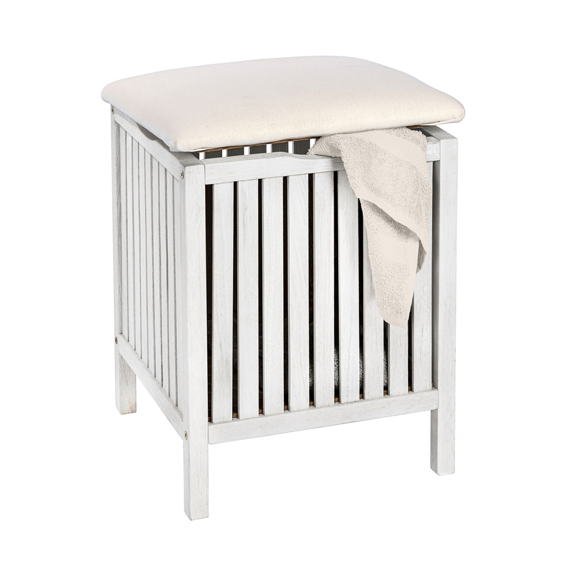 Wenko  Hocker Norway Weiß mit Wäschesammler Badhocker massives Walnussholz Bild 1