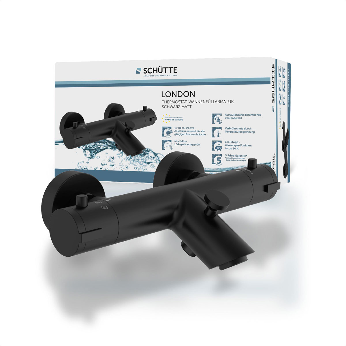 Wannentherm. London,schwarz-matt, 1/2Verbruehschutz und Wassersparfunktion