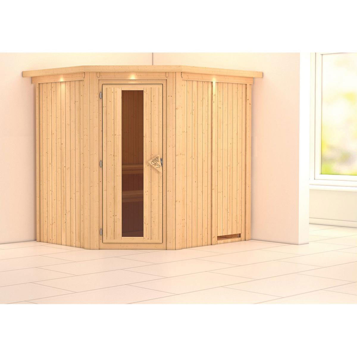 Karibu Sauna Lilja Eckeinstieg ohne Ofen mit Kranz Energiespartür Bild 7