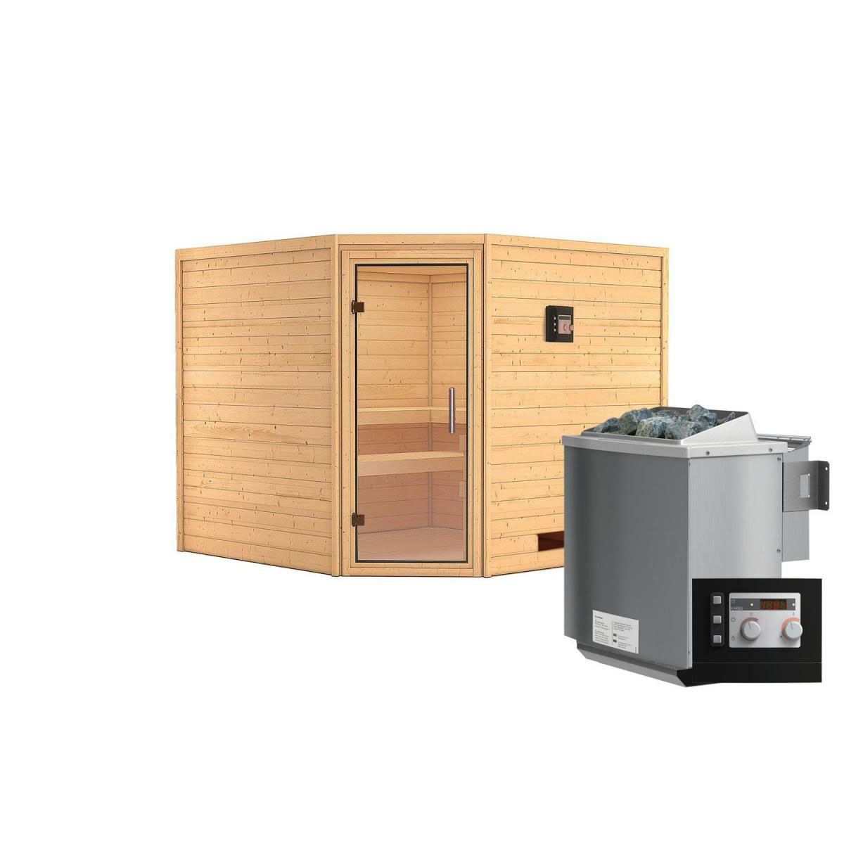 Karibu Sauna Leona Eckeinstieg 9 kW Bio Ofen externe Strg modern kein Kranz Klarglas-Tür Bild 1