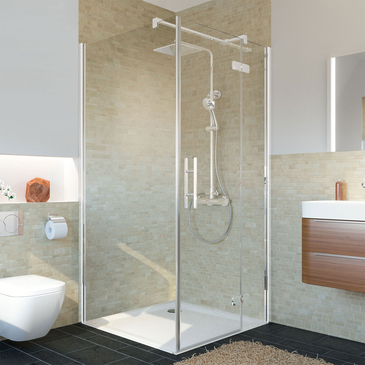 Breuer  Drehtür Avanata mit Festteil für Seitenwand Anschlag rechts alu chromeffekt satiniert 1000 mm