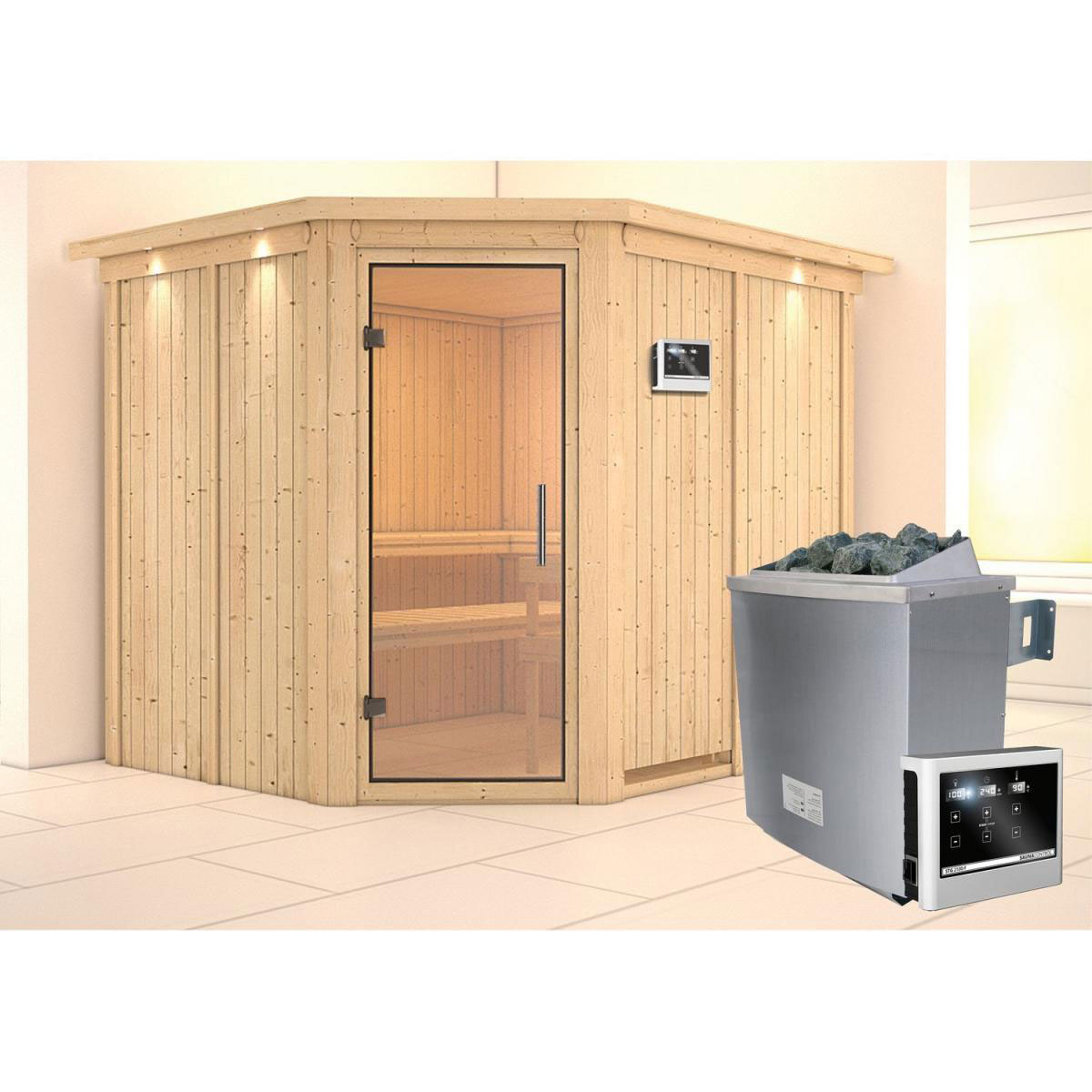 Karibu Sauna Malin Eckeinstieg 9 kW Ofen externe Strg mit Kranz Klarglas-Tür Bild 6