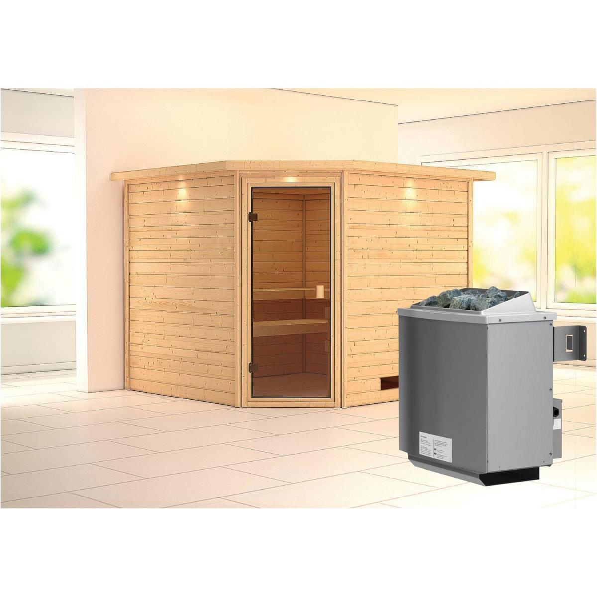 Karibu Sauna Leona Eckeinstieg 9 kW Ofen integr Strg mit Kranz bronzierte Glastür Bild 6