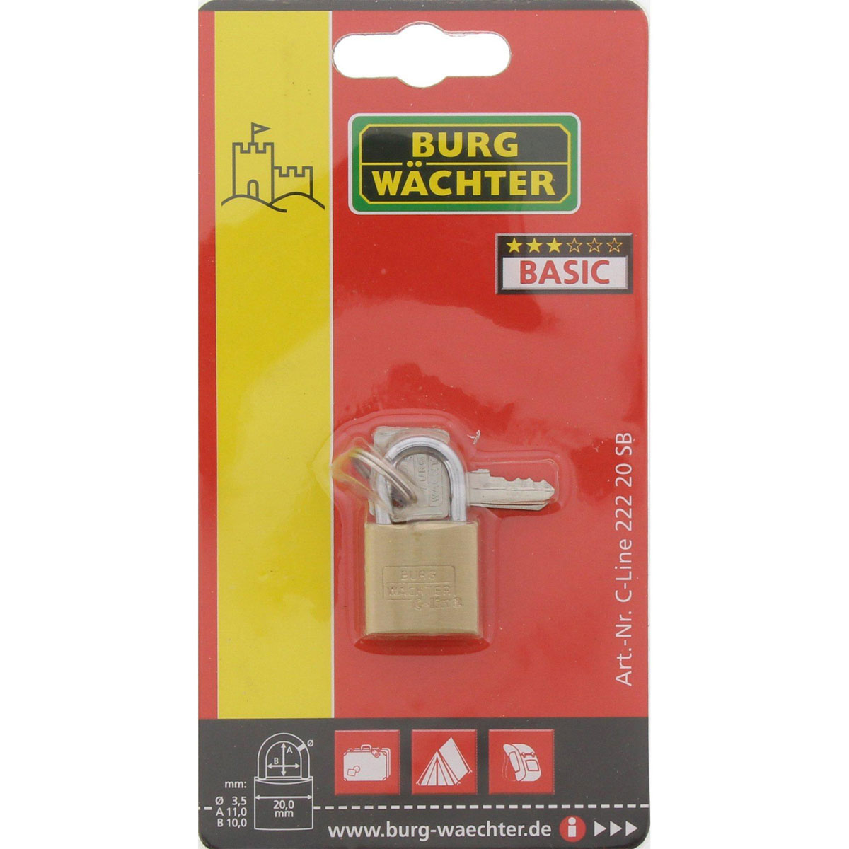 Burg Wächter Zylinder-Vorhängeschloss 222 37 20 x 37 x 9,3 Messing 20 x 37 x 9,3