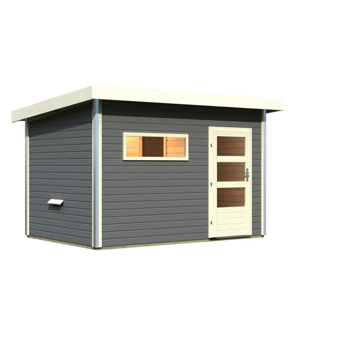 Karibu Saunahaus Skrollan 38 mm ohne Ofen moderne Tür terragrau