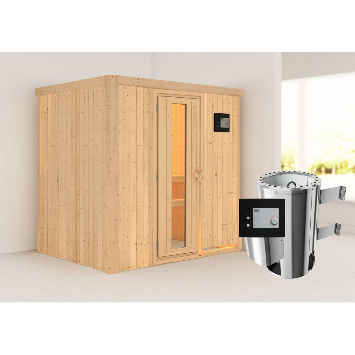 Karibu Sauna Fanja Fronteinstieg 3,6 kW Ofen externe Strg kein Kranz Klarglas-Tür Bild 6