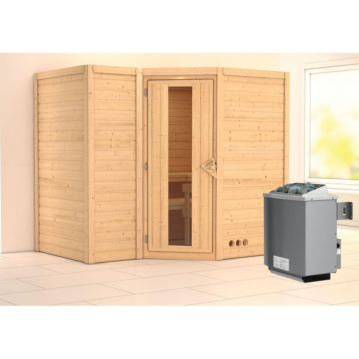 Karibu Sahib 2 Eckeinstieg 9 kW Ofen integr Strg ohne Kranz Tür gedämmt Bild 1