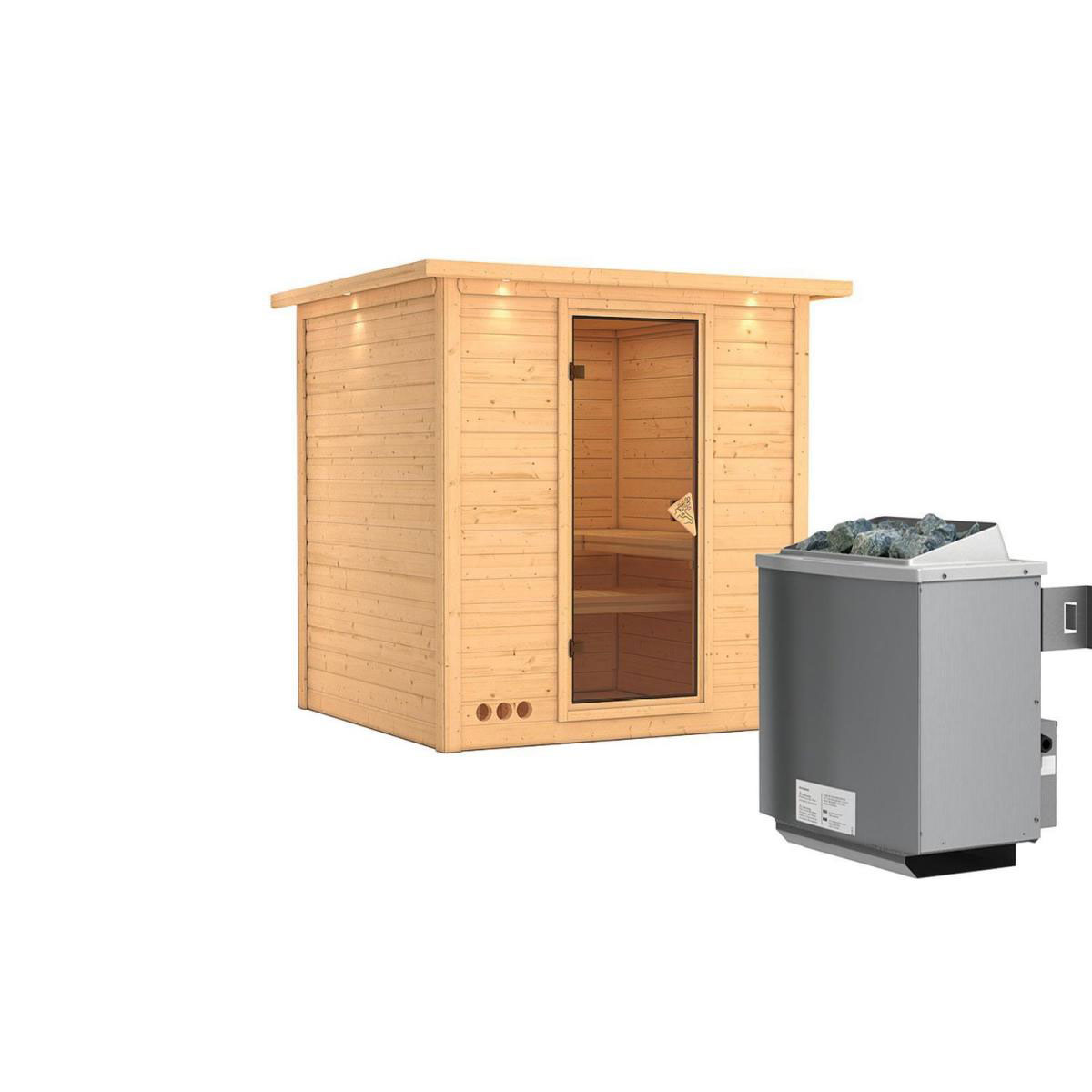 Karibu Massivholzsauna Mojave 40 mm 9 kW Ofen integr Strg mit Kranz Bild 2