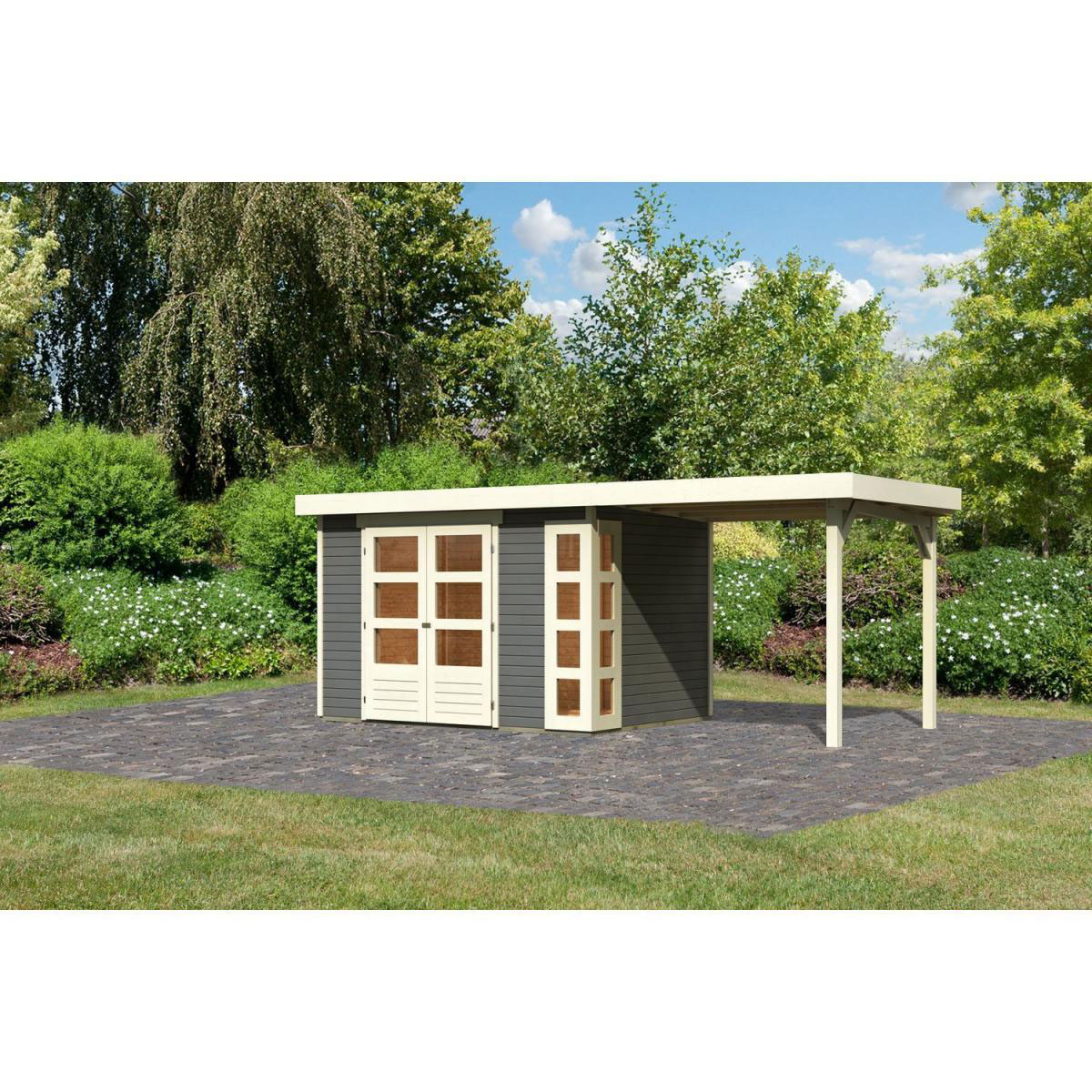 Karibu Gartenhaus-Set Kerko 4 mit Anbaudach 2,4 m terragrau Bild 1