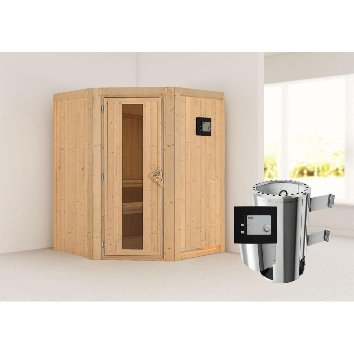 Karibu Sauna Nanja Eckeinstieg 3,6 kW Ofen externe Strg modern kein Kranz Energiespartür Bild 6