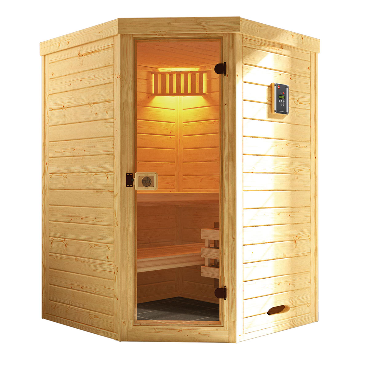 Weka  Elementsauna Varberg Eck Größe 4 Sparset 7,5 kW Bio S Glastuer